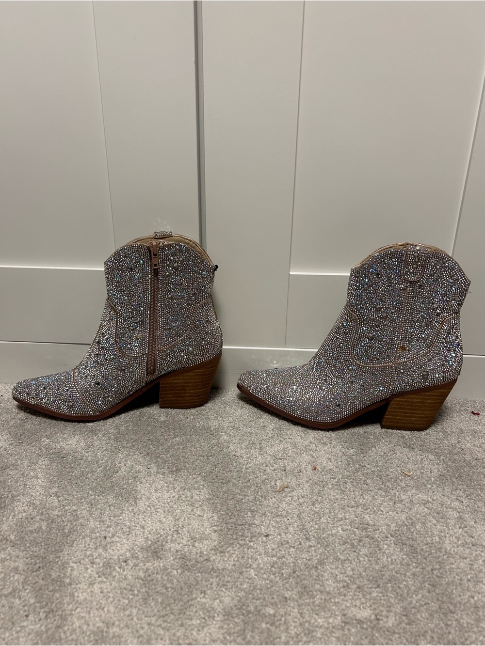 Crystal-Embellished Silver Western Ankle Booties
